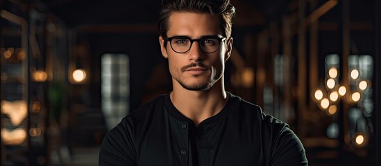 Sticker - A man with vision care wearing glasses and a black shirt is standing in a dark room. He has facial hair and looks like a fictional character from a movie event