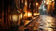 A row of lit traditional lamps against an old Islamic