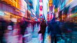 the hustle and bustle of a modern city street scene, with blurred motion and vibrant colors