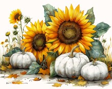 Three Pumpkins Sunflowers Sitting Ground Illustration During Autumn Gray Background Flower Frame