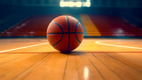 Fototapeta Sport - Close up of basketball on arena stadium court floor with spotlights.