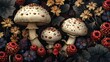 different types mushrooms field flowers baroque elements microscopic