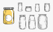 Vector illustration of a glass jars set of different types and forms. Old-fashioned vintage engraving style