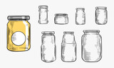 Fototapeta Miasto - Vector illustration of a glass jars set of different types and forms. Old-fashioned vintage engraving style