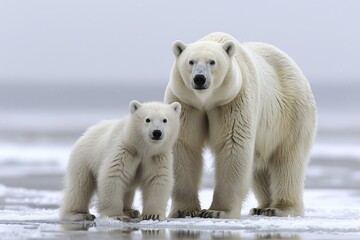 Two polar bears standing on a frozen lake. The mother bear is larger than the baby bear. The scene is peaceful and serene