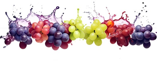 Wall Mural - A cluster of grapes is being splashed with juice, showcasing the beauty of this seedless fruit from the grapevine family. A natural food art on a white background