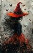 woman witch hat red dress breathtaking black butterflies orange mad hatter dreams poetry splattered paint side portrait girl walking scarecrow windblown
