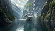 Cruise ship passes a narrow canyon of rock one of the many natural wonders that can be found in Norwegian fjords