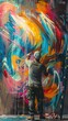 © mariiaplo - Artist creating a vibrant, abstract mural with a swirl of colors on a wall, spray cans at his feet, embodying creativity and street art.