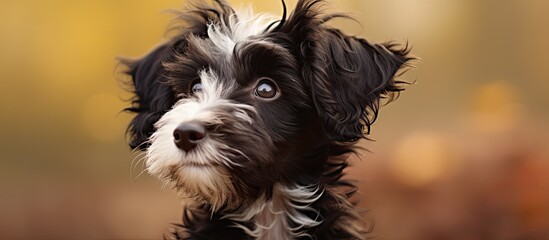 Wall Mural - The black and white water dog, a breed known for its hunting abilities and working as a companion and sporting group member, gazes up at the camera with its carnivorous snout