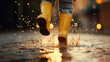 Legs of child in yellow rubber boots in puddle in rainy day, autumn.