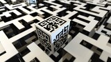 Fototapeta Kosmos - A detailed 3D visualization of a QR code floating in a digital void each black and white square opening up to reveal a unique digital world