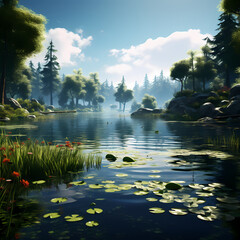 Sticker - A tranquil lake surrounded by lush greenery.