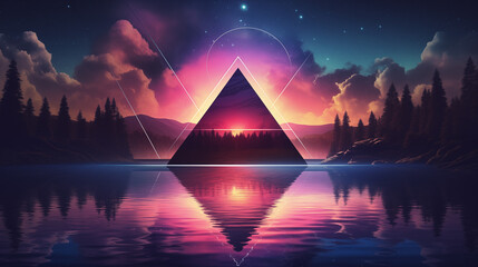 Sticker - sunset over the lake, A tranquil lakefront framed by a neon triangle, with a retro futurist synthwave sky above 