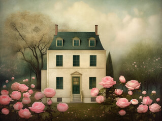 Poster - Cute Old House and Pink Roses in the Garden. Beautiful Cottage and pink flowers. Vintage painting style, illustration