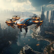 A futuristic drone flying over a city. 