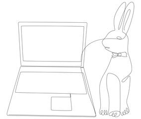 Poster - One continuous line of Laptop with Easter Bunny. Thin Line Illustration vector concept. Contour Drawing Creative ideas.