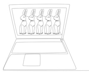 Poster - One continuous line of Laptop with Easter Bunny. Thin Line Illustration vector concept. Contour Drawing Creative ideas.