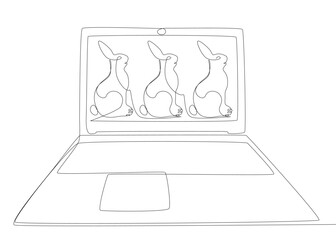 Poster - One continuous line of Laptop with Easter Bunny. Thin Line Illustration vector concept. Contour Drawing Creative ideas.