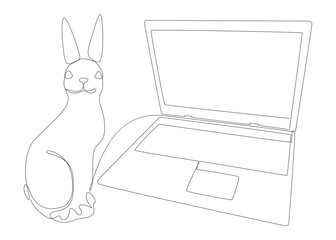 Poster - One continuous line of Laptop with Easter Bunny. Thin Line Illustration vector concept. Contour Drawing Creative ideas.