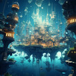 A surreal underwater city with floating structures 