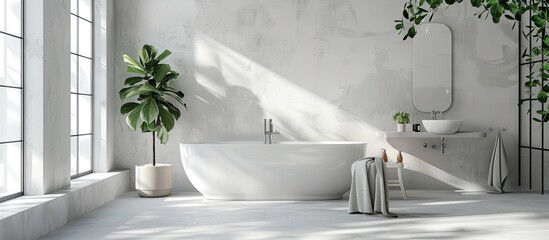 Wall Mural - A bathroom with a tub, sink, mirror, and window is enhanced by a houseplant, adding life to the monochrome photography of this buildings interior