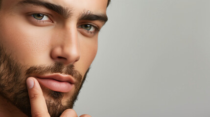 Wall Mural - A white male with a beard is staring. close-up. men’s grooming. Mens cosmetics photo, beauty industry advertising photo.