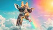 A funny giraffe emerges from the clouds, showing its tongue and wearing black sunglasses. Macho wearing awesome sunglasses against a rainbow and blue sky cloud background, taunting and making a face.