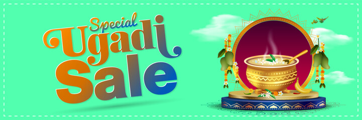 Sticker - Shopping and sales banner for Ugadi festival with product display podium stage. Indian lunar New Year spring festival Ugadi, Gudi Padwa or Yugadi.