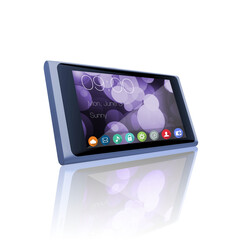 Poster - Phone, screen and mobile ui with technology isolated on a transparent png background. Digital smartphone, display and cellphone software, time and app icons with wallpaper on internet with reflection