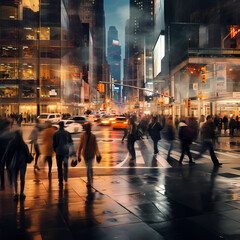 Poster - Busy city street with people in motion blur.