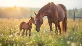 Fototapeta  - Over meadow grass, a mother horse and her young foal are playing alongside it bonding love and space, Generative AI.