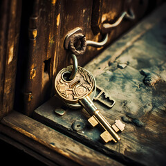 Sticker - Close-up of an old-fashioned key unlocking a mysterious door