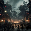 Dystopian robot uprising in a crumbling city. 