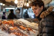 The photograph depicts a man purchasing an immense amount of raw seafood at the fish market and space, Generative AI.