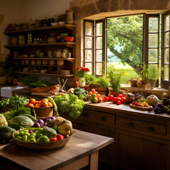 Canvas Print - Rustic kitchen with fresh vegetables on the counters