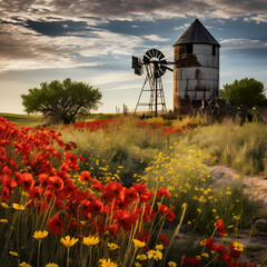 Sticker - Rustic windmill in a field of wildflowers. 