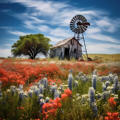 Sticker - Rustic windmill in a field of wildflowers. 