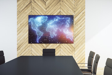 Poster - Abstract graphic world map on presentation monitor in a modern boardroom, connection and communication concept. 3D Rendering