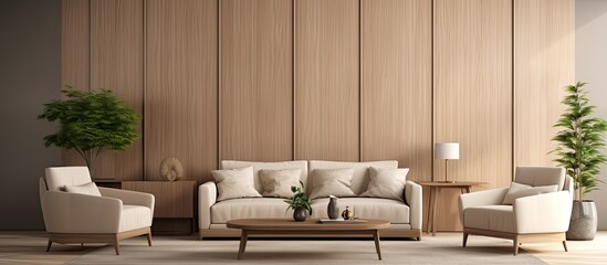 Poster - a cozy living room with a woodbuilt couch, chairs, and a rectangle coffee table. the comfortable fur