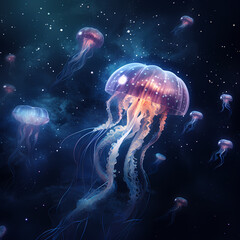 Poster - Surreal floating jellyfish in a cosmic ocean. 