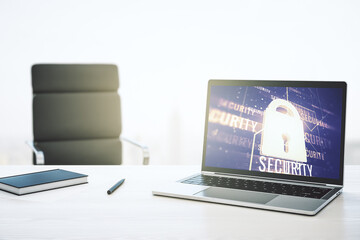 Poster - Creative idea concept with lock symbol and microcircuit illustration on modern laptop screen. Protection and firewall concept. 3D Rendering
