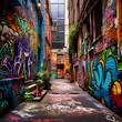 Vibrant graffiti art on an urban alleyway. 