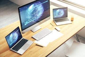 Aufkleber - Modern computer screen with abstract creative coding sketch and world map, artificial intelligence and neural networks concept. 3D Rendering