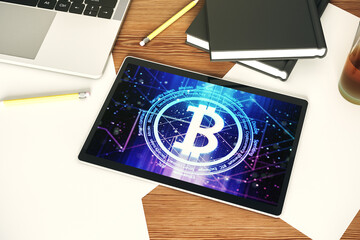 Aufkleber - Modern digital tablet monitor with creative Bitcoin symbol. Cryptocurrency concept. Top view. 3D Rendering