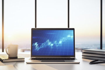 Poster - Modern computer display with abstract financial graph, financial and trading concept. 3D Rendering