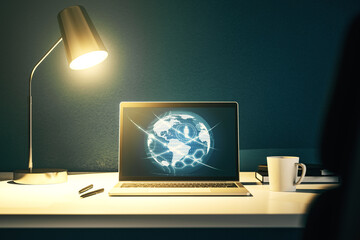 Aufkleber - Social network media concept with world map on modern computer monitor. 3D Rendering
