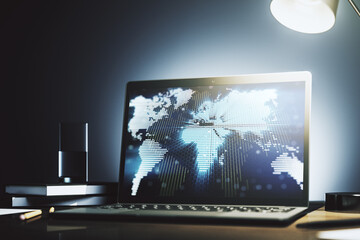 Poster - Abstract digital world map on modern computer monitor, big data and blockchain concept. 3D Rendering