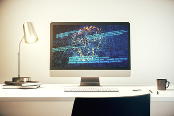 Poster - Modern computer monitor with creative code skull hologram. Malware and cyber crime concept. 3D Rendering