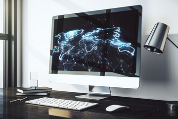 Poster - Abstract graphic world map on modern laptop screen, connection and communication concept. 3D Rendering
